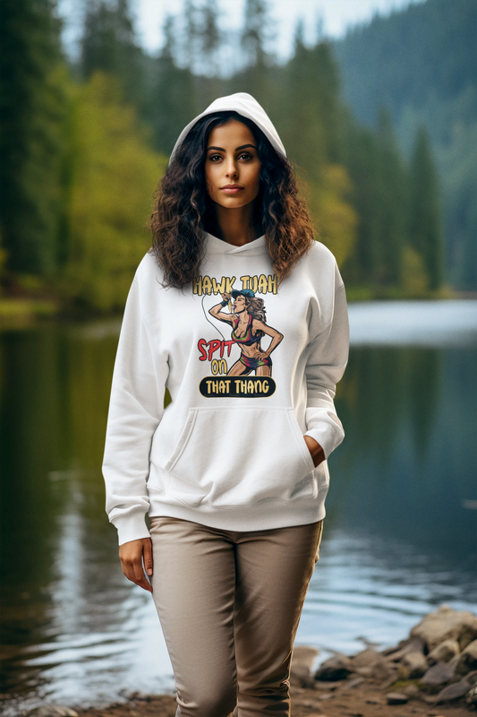 Hawk Tuah Spit on That Thang - Woman Spitting on Fishing Lure - Unisex Heavy Blend Hoodie